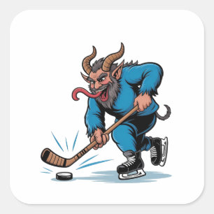 Engelachtige Krampus die ijshockey speelt met Kers Vierkante Sticker