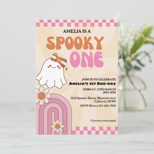 Engelachtige lieve spookachtige roze meisje eerste kaart (Staand voorkant)