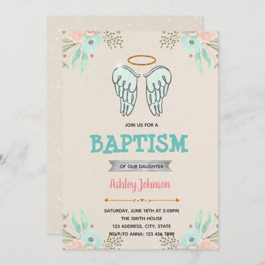 Engelen doop verjaardag thema feestuitnodiging kaart (Voorkant / Achterkant)