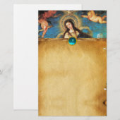 ENGELEN EN MAAGD PERKAMENT MET BLAUWE PARELTJES BRIEFPAPIER (Voorkant / Achterkant)