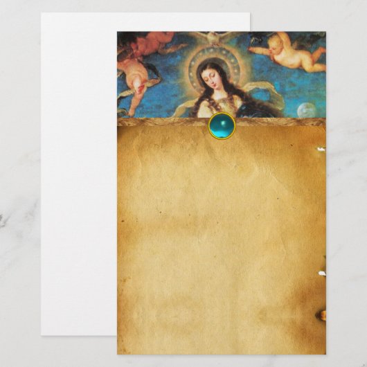 ENGELEN EN MAAGD PERKAMENT MET BLAUWE PARELTJES BRIEFPAPIER (Voorkant / Achterkant)