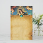 ENGELEN EN MAAGD PERKAMENT MET BLAUWE PARELTJES BRIEFPAPIER (Staand voorkant)