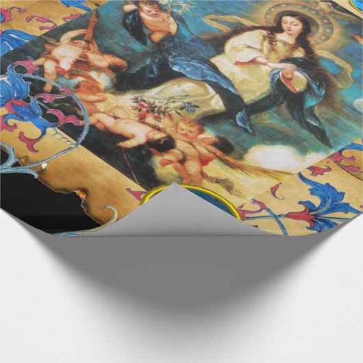 ENGELEN EN MAAGD PERKAMENT, ROOD BLAUWE BLOEMEN, P CADEAUPAPIER (Hoek)