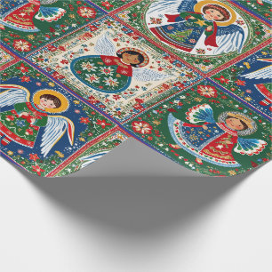 Engelen geïnspireerd door kerstvolkskunst op een r cadeaupapier
