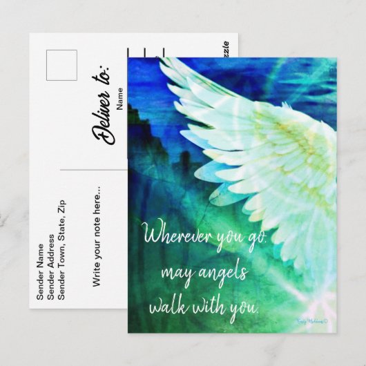 Engelen lopen met je beschermengel Blauwe Vleugel Briefkaart (Voorkant / Achterkant)