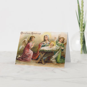 Engelen met baby Jesus in de Manger Vintage Image Feestdagen Kaart
