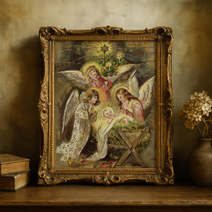Engelen met Baby Jezus   Vintage kerst Poster