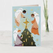 Engelen rond de kerstboom folie feestdagenkaart (Voorkant)