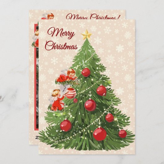 Engelen versieren de boom | Creme Feestdagenkaart (Voorkant / Achterkant)