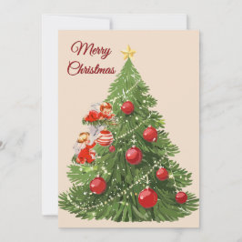 Engelen versieren de boom | Creme Feestdagenkaart