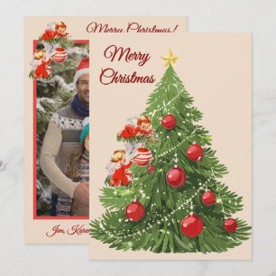 Engelen versieren de boom Creme Feestdagenkaart