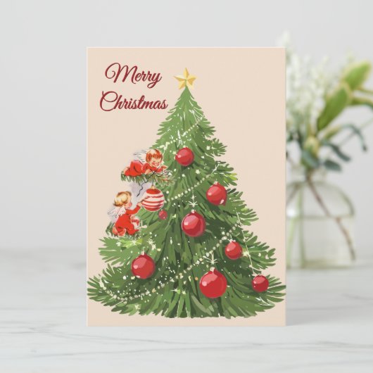 Engelen versieren de boom | Creme Feestdagenkaart (Staand voorkant)