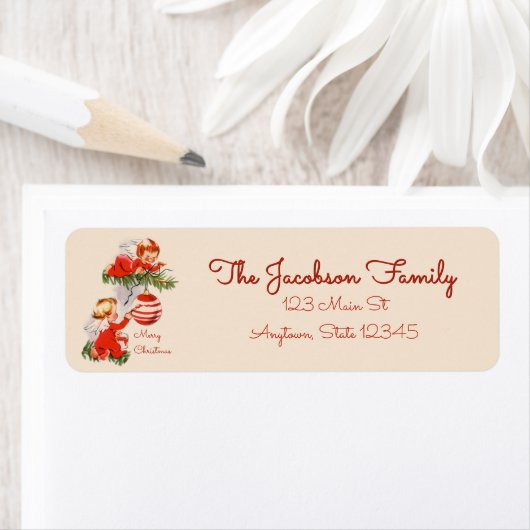 Engelen versieren de kerstboom etiket (Insitu)