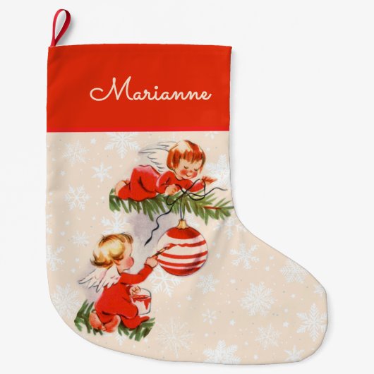 Engelen versieren de kerstboom grote kerstsok (Voorkant)