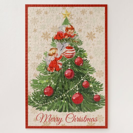 Engelen versieren de kerstboom legpuzzel (Verticaal)