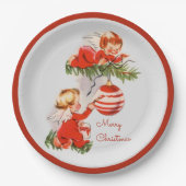 Engelen versieren de kerstboom papieren bordje (Voorkant)