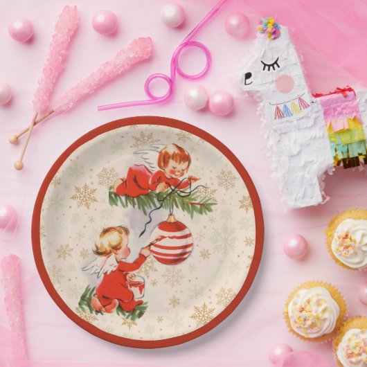 Engelen versieren de kerstboom papieren bordje (Feest)