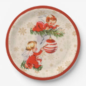 Engelen versieren de kerstboom papieren bordje (Voorkant)