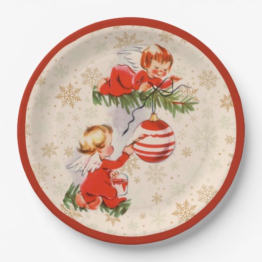 Engelen versieren de kerstboom papieren bordje (Voorkant)