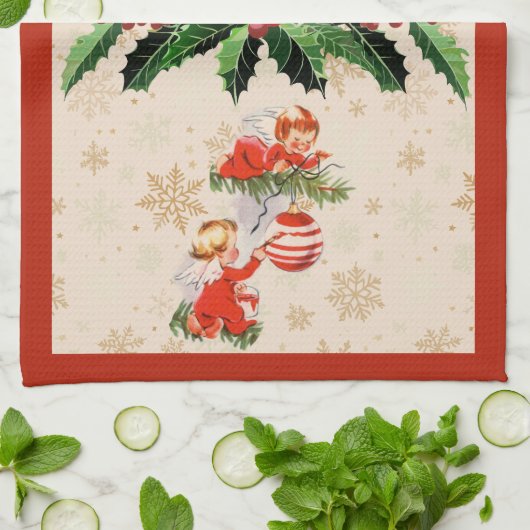 Engelen versieren de kerstboom theedoek (Gevouwen)