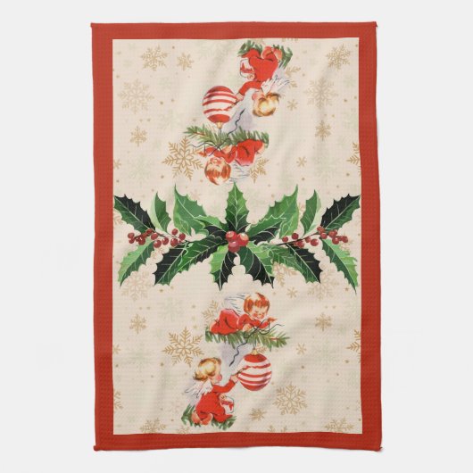 Engelen versieren de kerstboom theedoek (Verticaal)