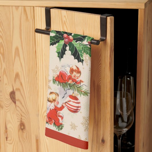 Engelen versieren de kerstboom theedoek (Derde Gevouwen)