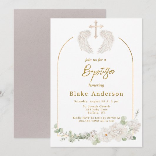 Engelenvleugels Kruis Gouden Baby Doop  Kaart (Voorkant / Achterkant)