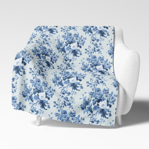 Engels Bloemen  Blauw en Wit Elegant Home Sherpa Deken