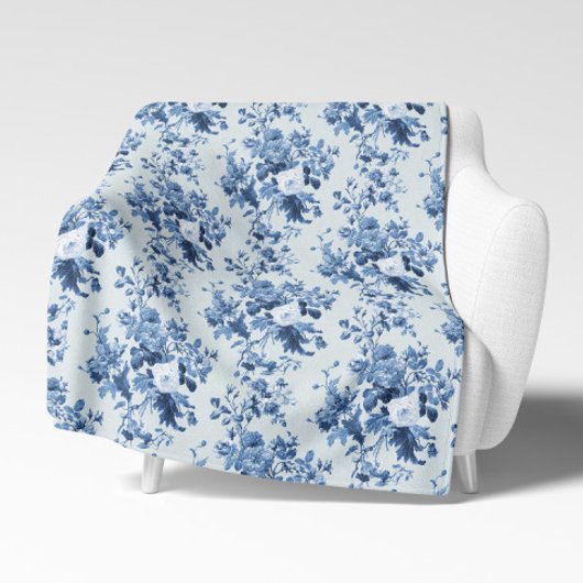 Engels Bloemen  Blauw en Wit Elegant Home Sherpa Deken