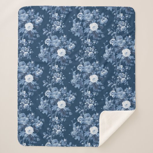 Engels Bloemen  Navy Blauw en wit Elegant Sherpa Deken (Voorkant)