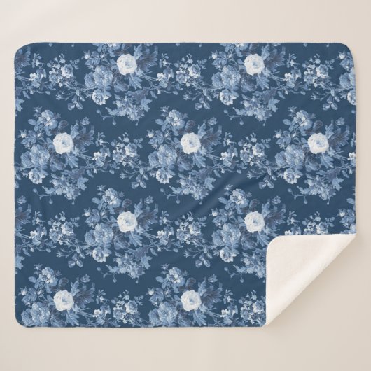 Engels Bloemen  Navy Blauw en wit Elegant Sherpa Deken (Voorkant (horizontaal))