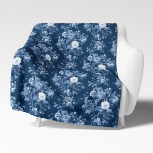 Engels Bloemen  Navy Blauw en wit Elegant Sherpa Deken