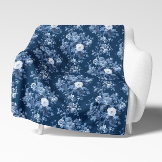 Engels Bloemen Navy Blauw en wit Elegant Sherpa Deken