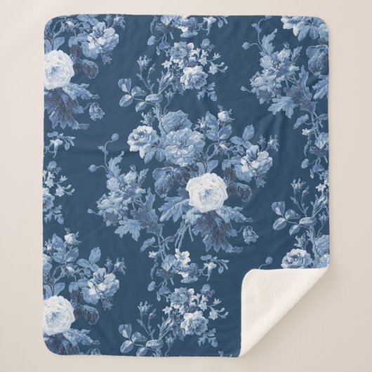  Engels Bloemenmarine Wit Elegant Home LG Sherpa Deken (Voorkant)
