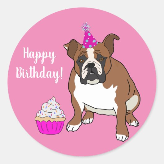  Engels Bulldog Birthday Classic Rou Ronde Sticker (Voorkant)