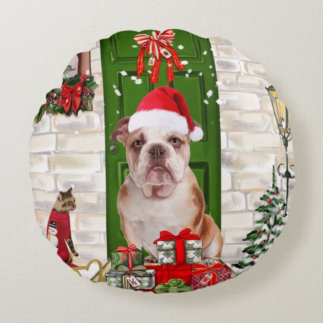 Engels Bulldog Christmas Rond Kussen (Voorkant)