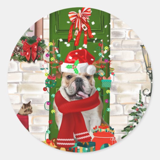 Engels Bulldog Christmas Ronde Sticker (Voorkant)