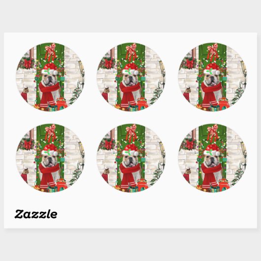 Engels Bulldog Christmas Ronde Sticker (Vel)