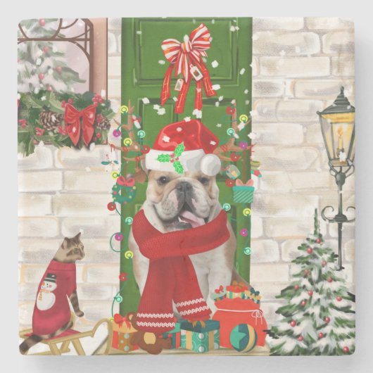 Engels Bulldog Christmas Stenen Onderzetter (Voorkant)