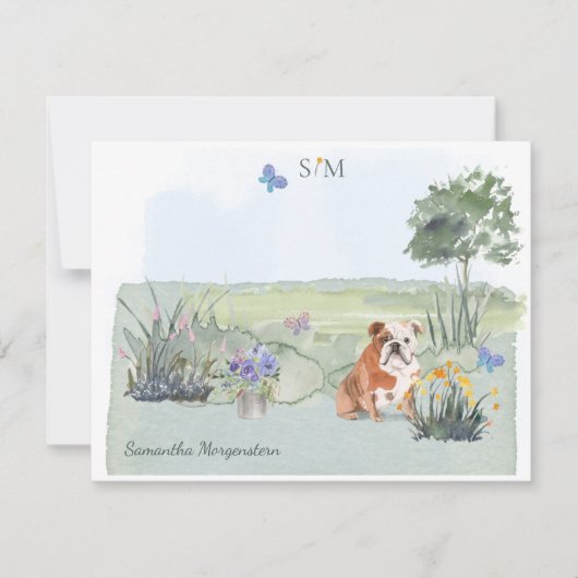 Engels Bulldog Dog Butterfly Monogram en naam   Notitiekaartje (Voorkant)