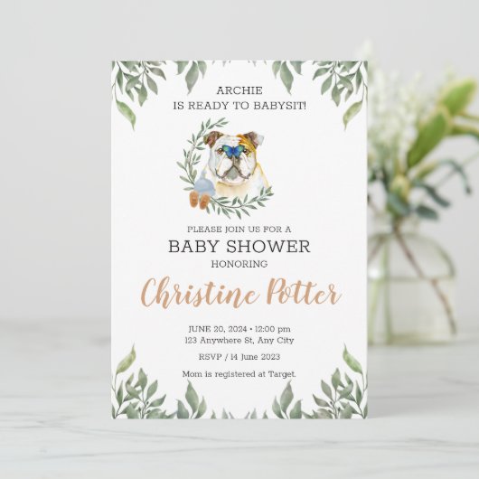 Engels Bulldog Dog Greenery Boho Baby shower Kaart (Staand voorkant)