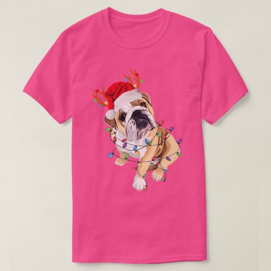 Engels Bulldog ReindeSanta Hat-kerstlicht T-shirt (Design voorkant)