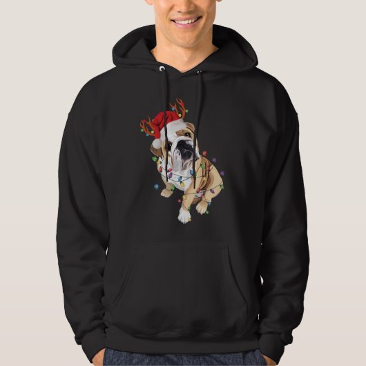 Engels Bulldog Santa Hat Reindekerlicht Hoodie (Voorkant)