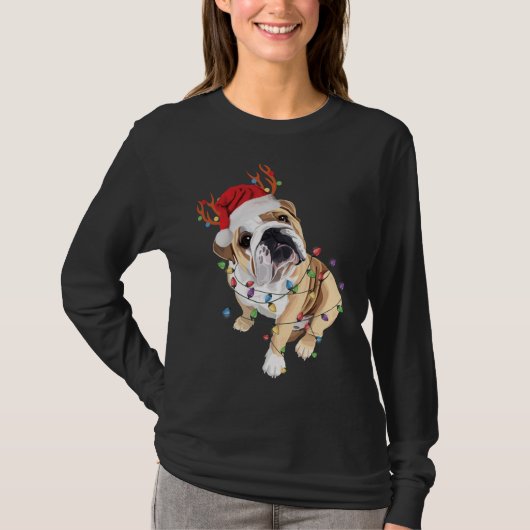 Engels Bulldog Santa Hat Reindekerlicht T-shirt (Voorkant)