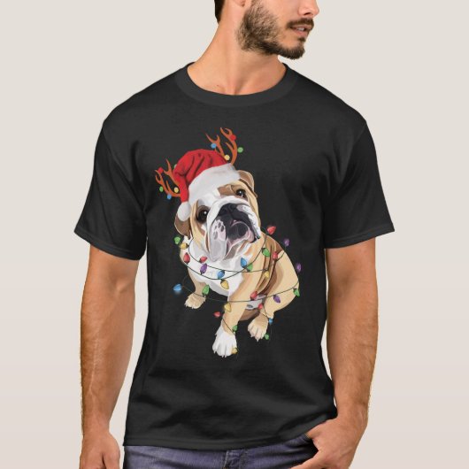 Engels Bulldog Santa Hat Reindekerlicht T-shirt (Voorkant)