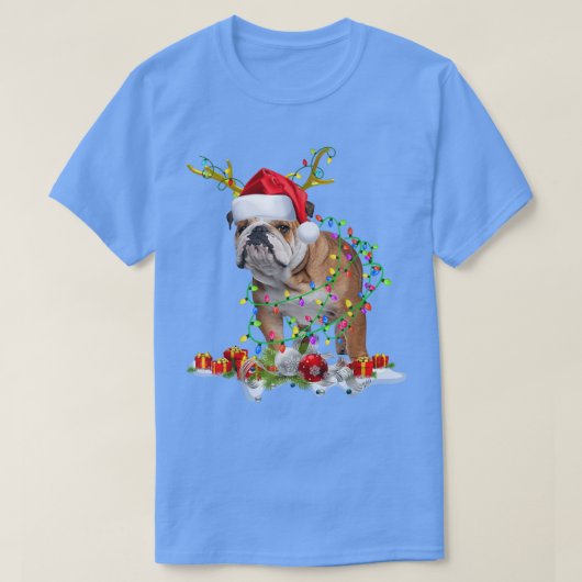 Engels Bulldog Santa Hat Reindekerlicht T-shirt (Design voorkant)