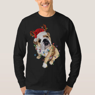 Engels Bulldog Santa Hat Reindekerlicht T-shirt