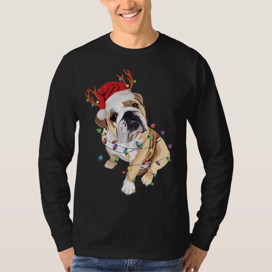Engels Bulldog Santa Hat Reindekerlicht T-shirt (Voorkant)