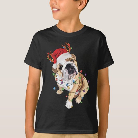 Engels Bulldog Santa Hat Reindekerlicht T-shirt (Voorkant)