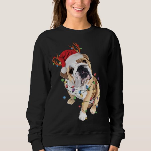 Engels Bulldog Santa Hat Reindekerlicht Trui (Voorkant)